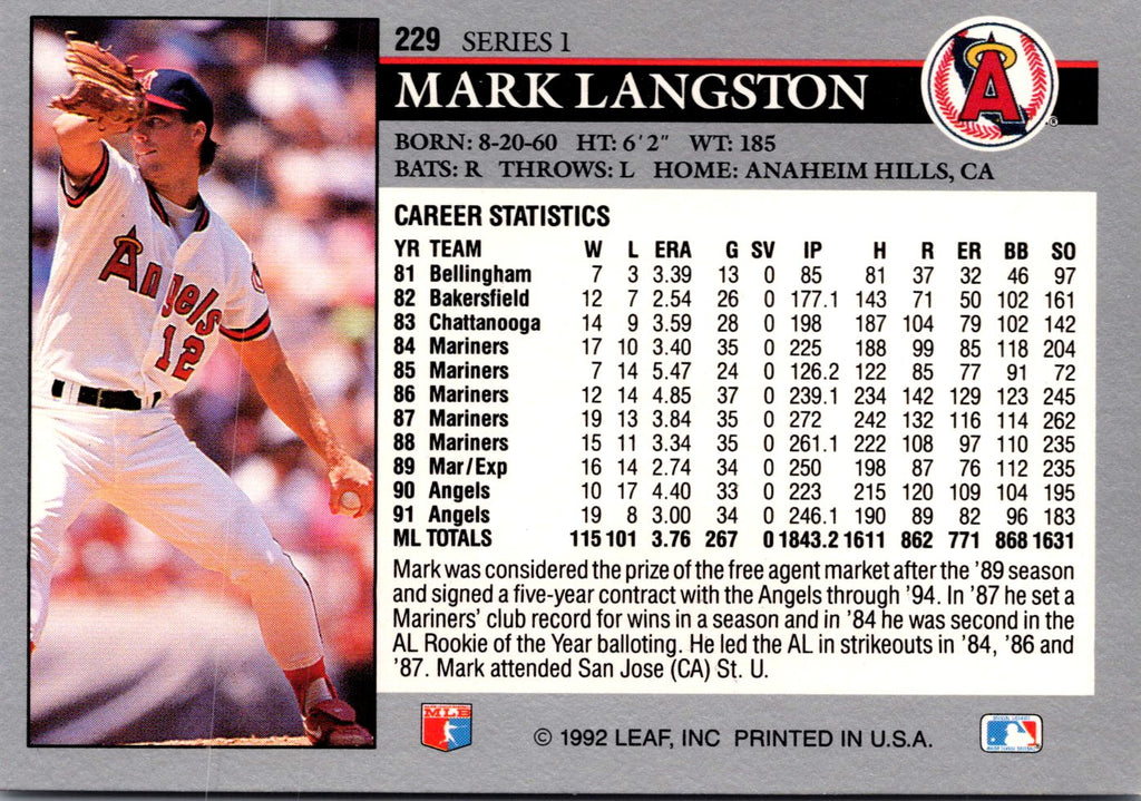 1992 Leaf #229 Mark Langston