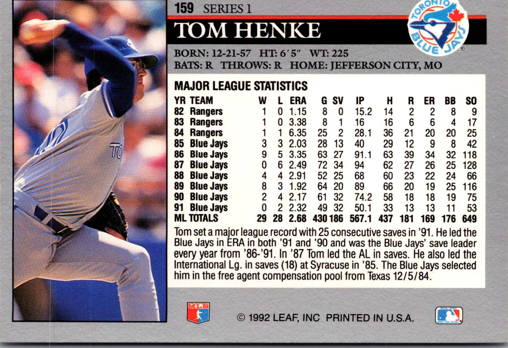 1992 Leaf #159 Tom Henke