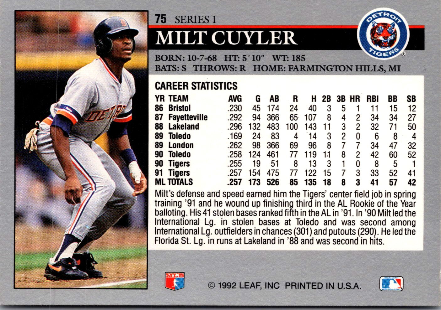 1992 Leaf #75 Milt Cuyler