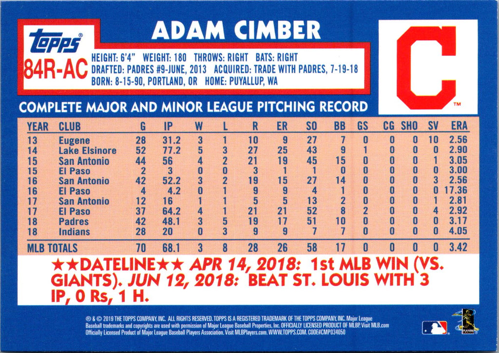 2019 Topps #84R-AC Adam Cimber 1984 Topps Baseball 35th Anniversary Rookies Blue