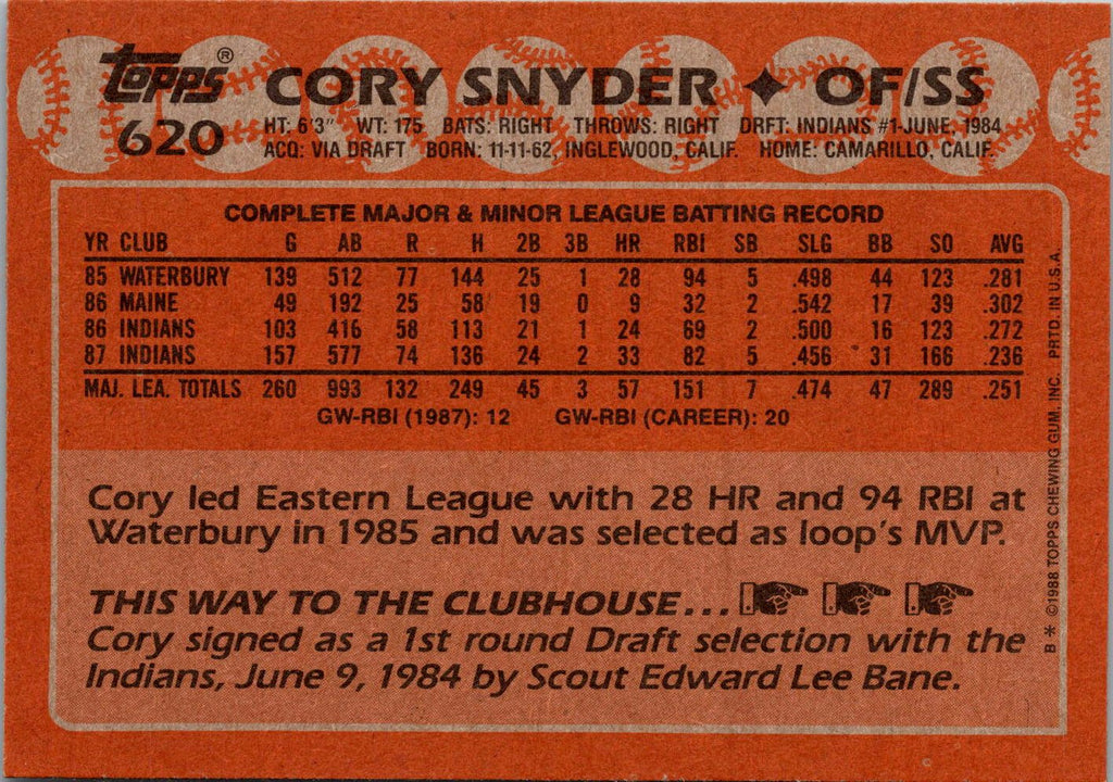 1988 Topps #620 Cory Snyder