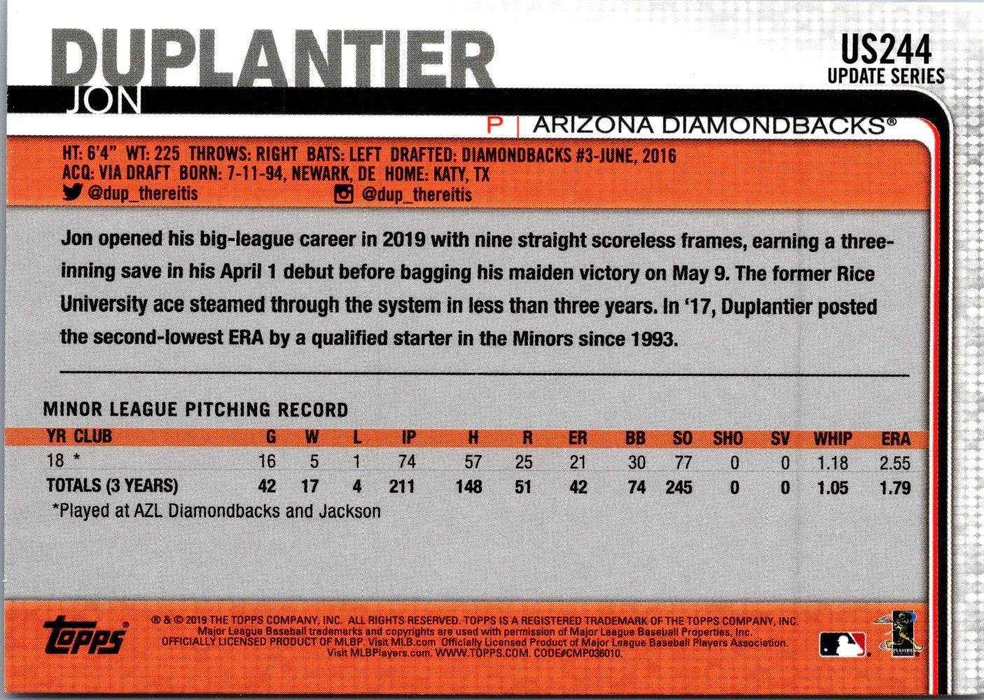 2019 Topps Update #US244 Jon Duplantier 150th Anniversary
