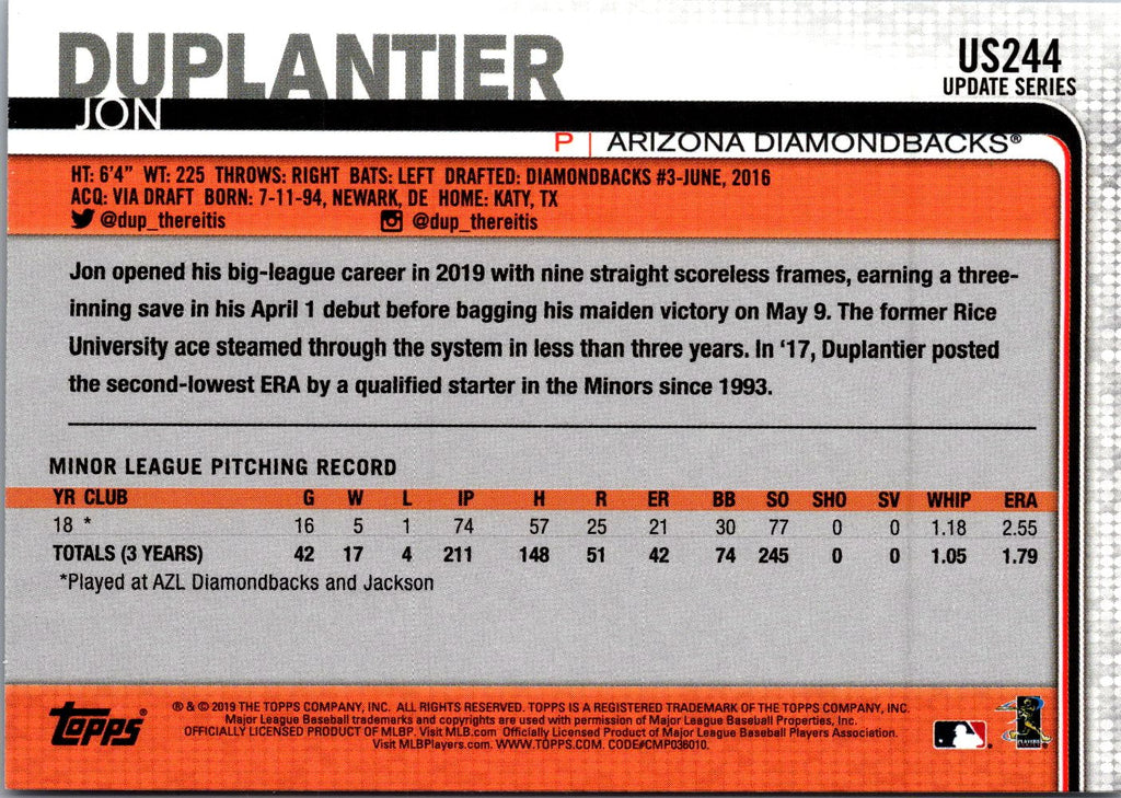 2019 Topps Update #US244 Jon Duplantier 150th Anniversary