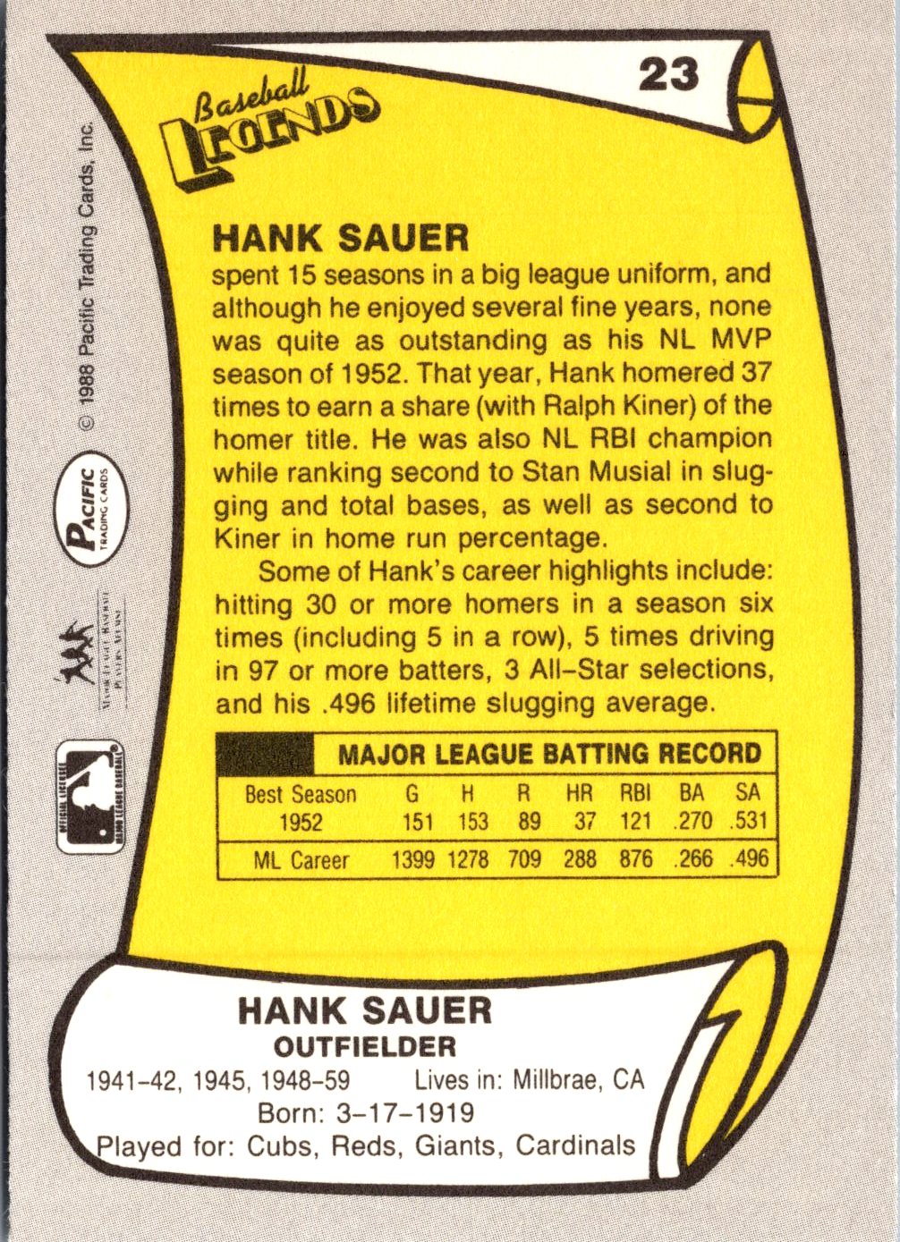 1988 Pacific Legends I #23 Hank Sauer