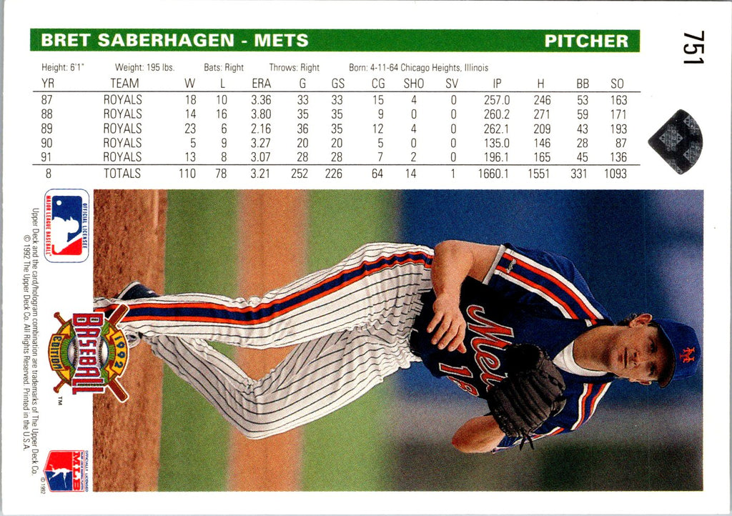1992 Upper Deck #751 Bret Saberhagen Factory Set Gold Hologram