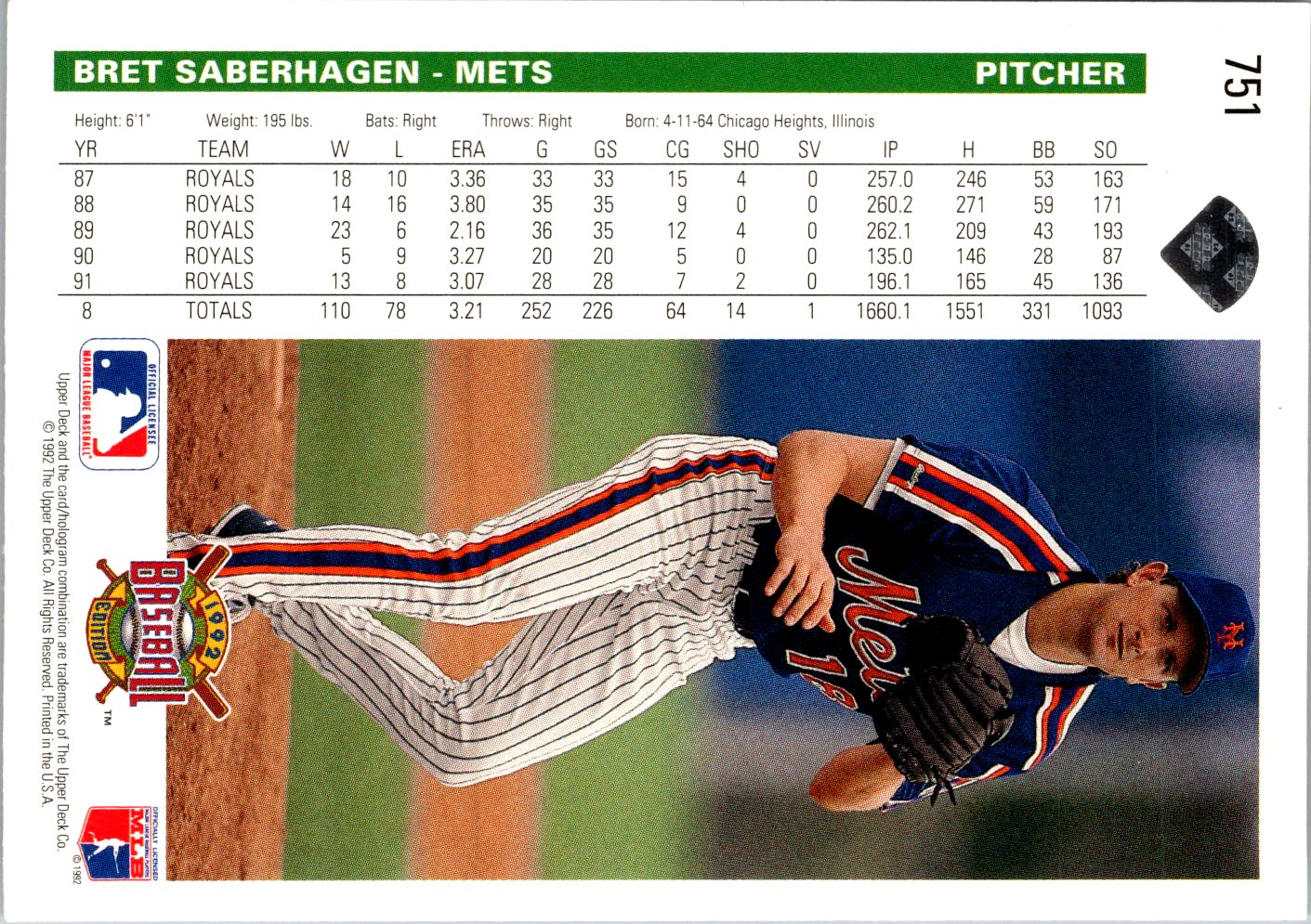 1992 Upper Deck #751 Bret Saberhagen Factory Set Gold Hologram