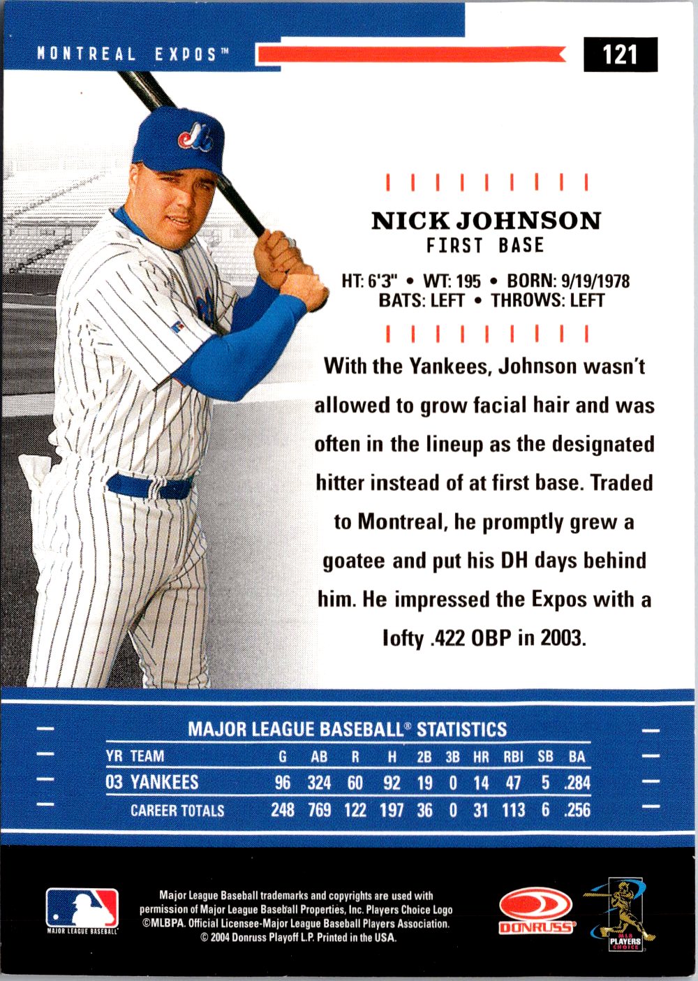 2004 Donruss Throwback Threads #121 Nick Johnson Gold Proof #/100