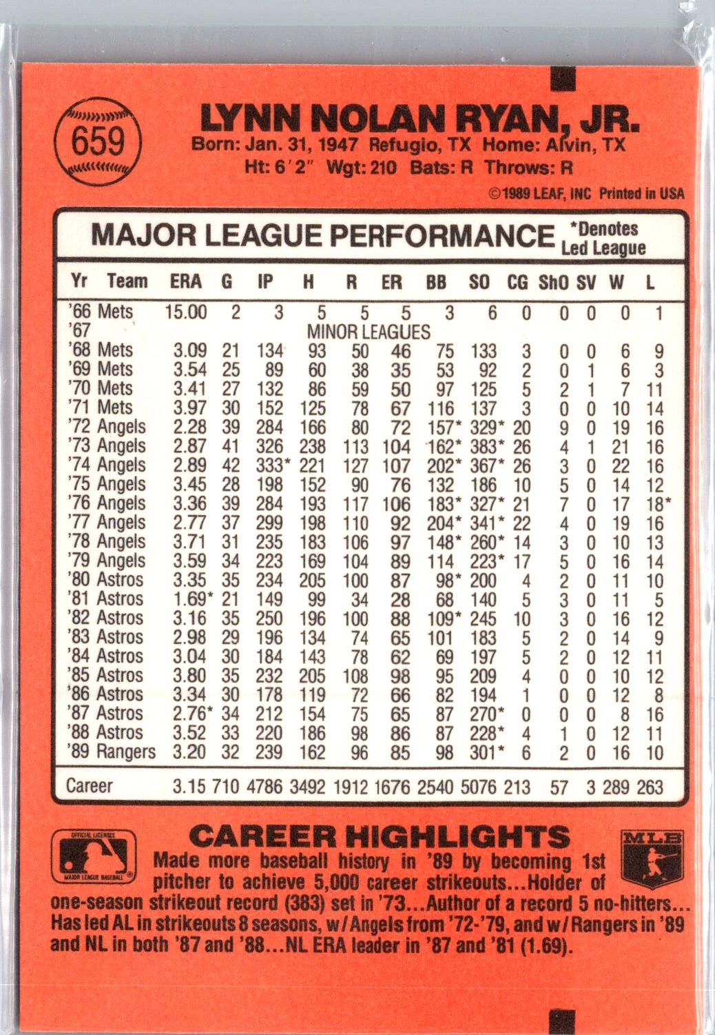 1990 Donruss #659 Nolan Ryan 5000K Pack border 1989 LEAF INC on back ERR