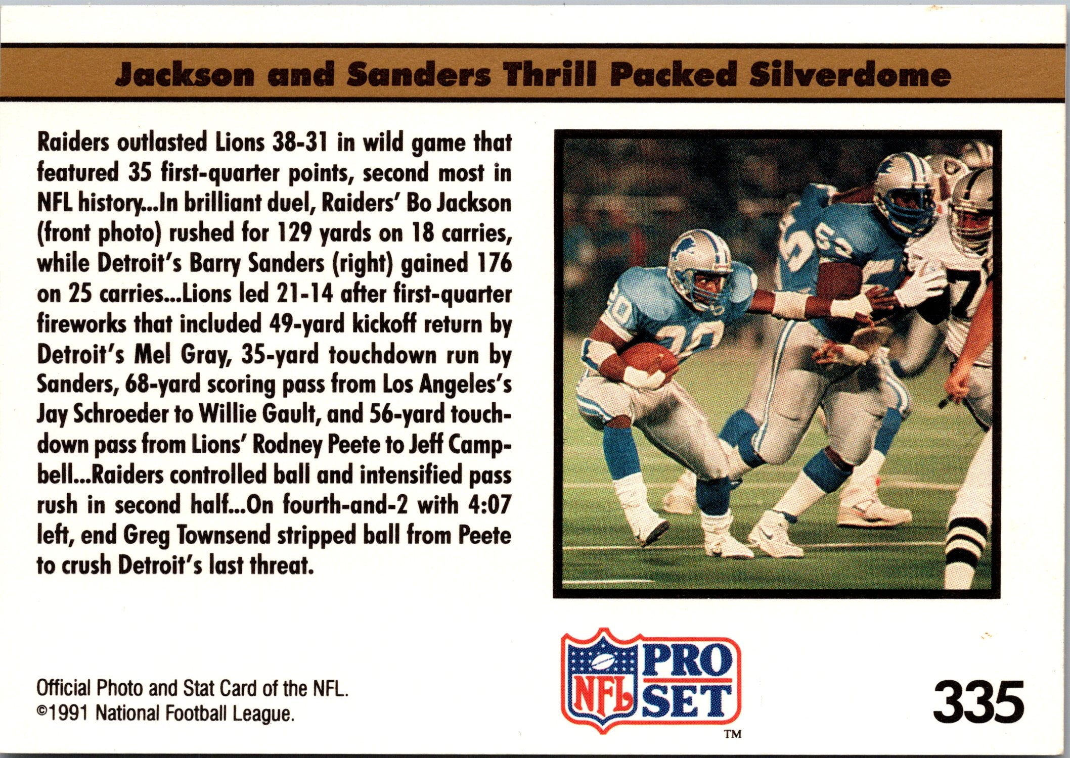 1991 Pro Set #335 The Bo and Barry Show [No NFLPA Logo on Back]