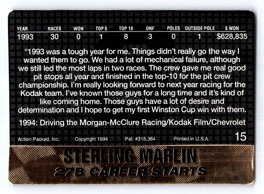 1994 Action Packed #15 Sterling Marlin