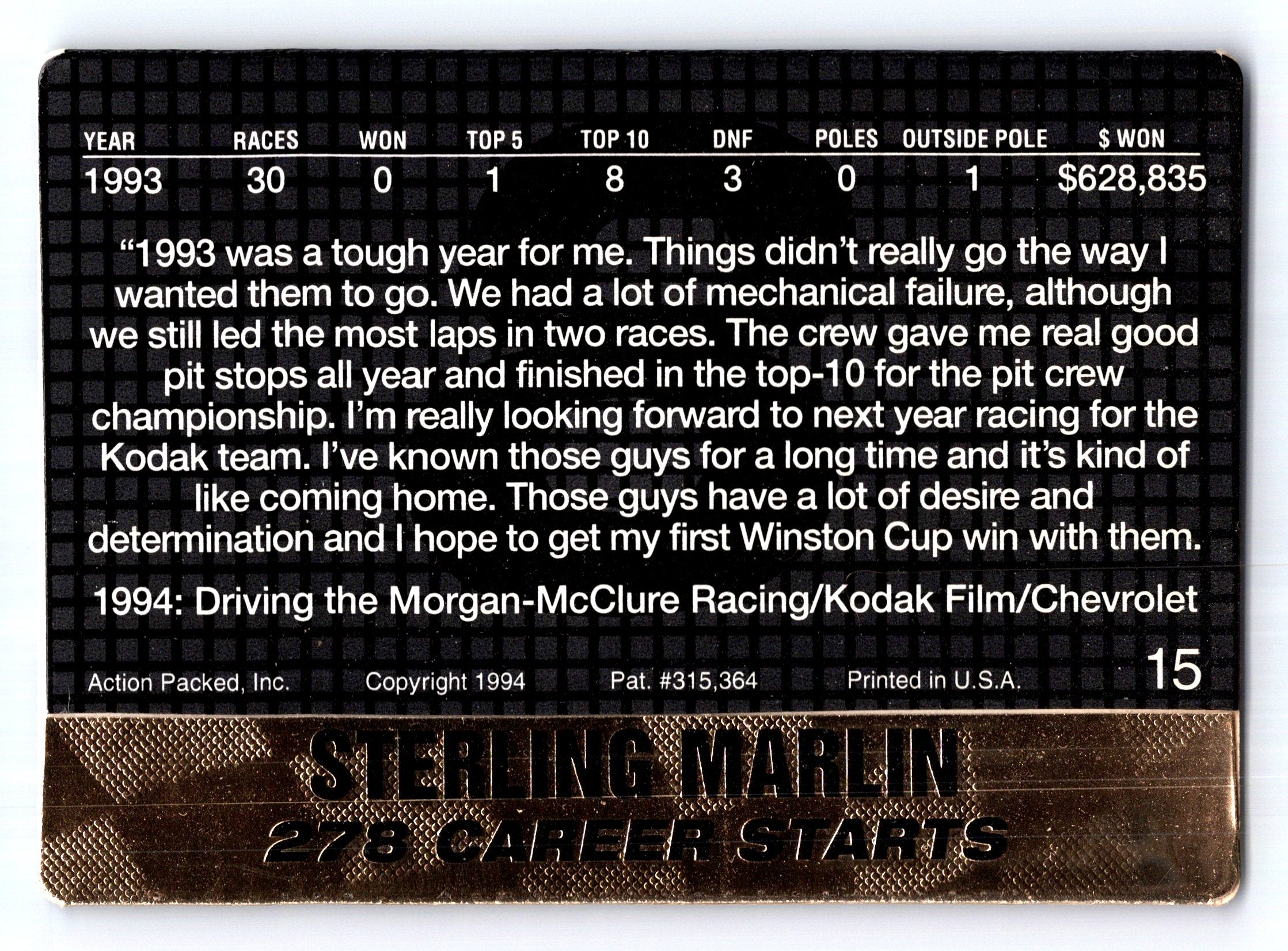 1994 Action Packed #15 Sterling Marlin