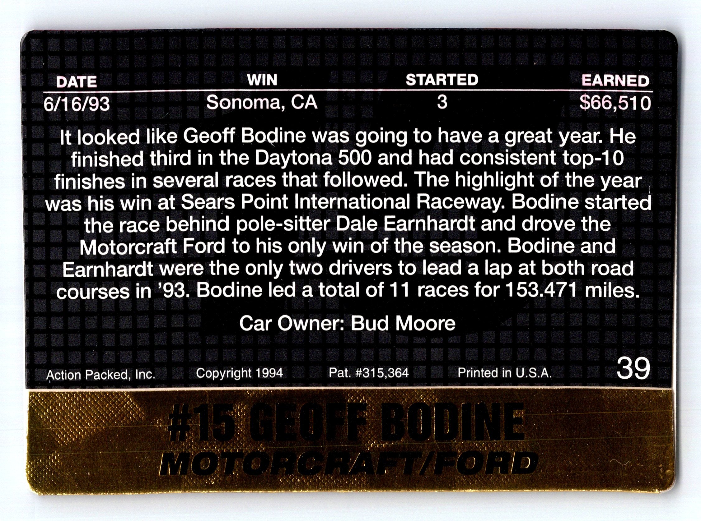 1994 Action Packed #9G Geoff Bodine 24K Gold