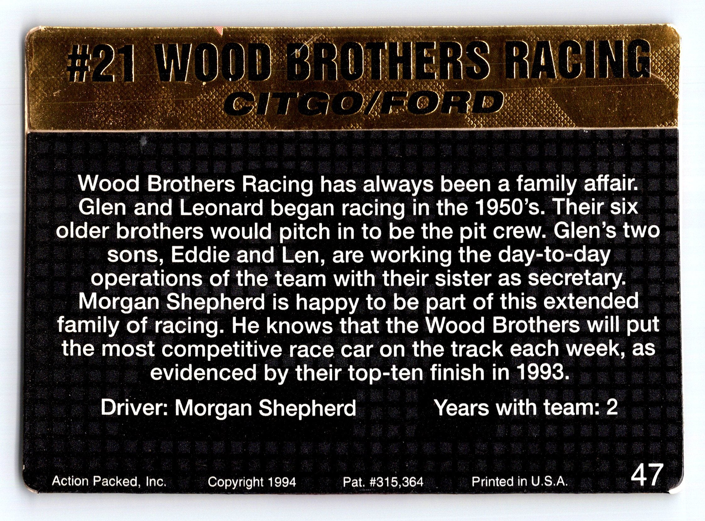 1994 Action Packed #47 #21 Wood Brothers Racing