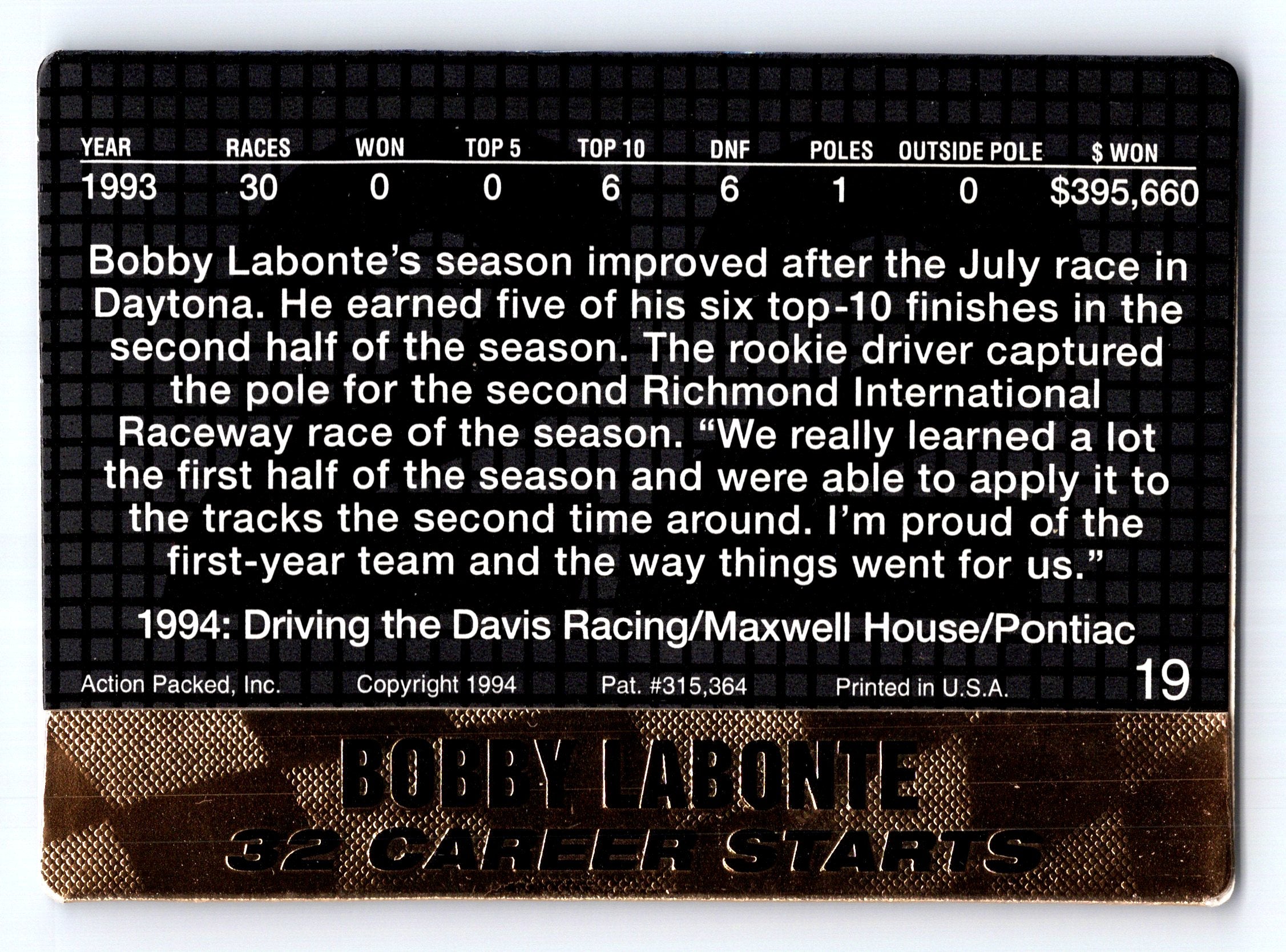 1994 Action Packed #19 Bobby Labonte