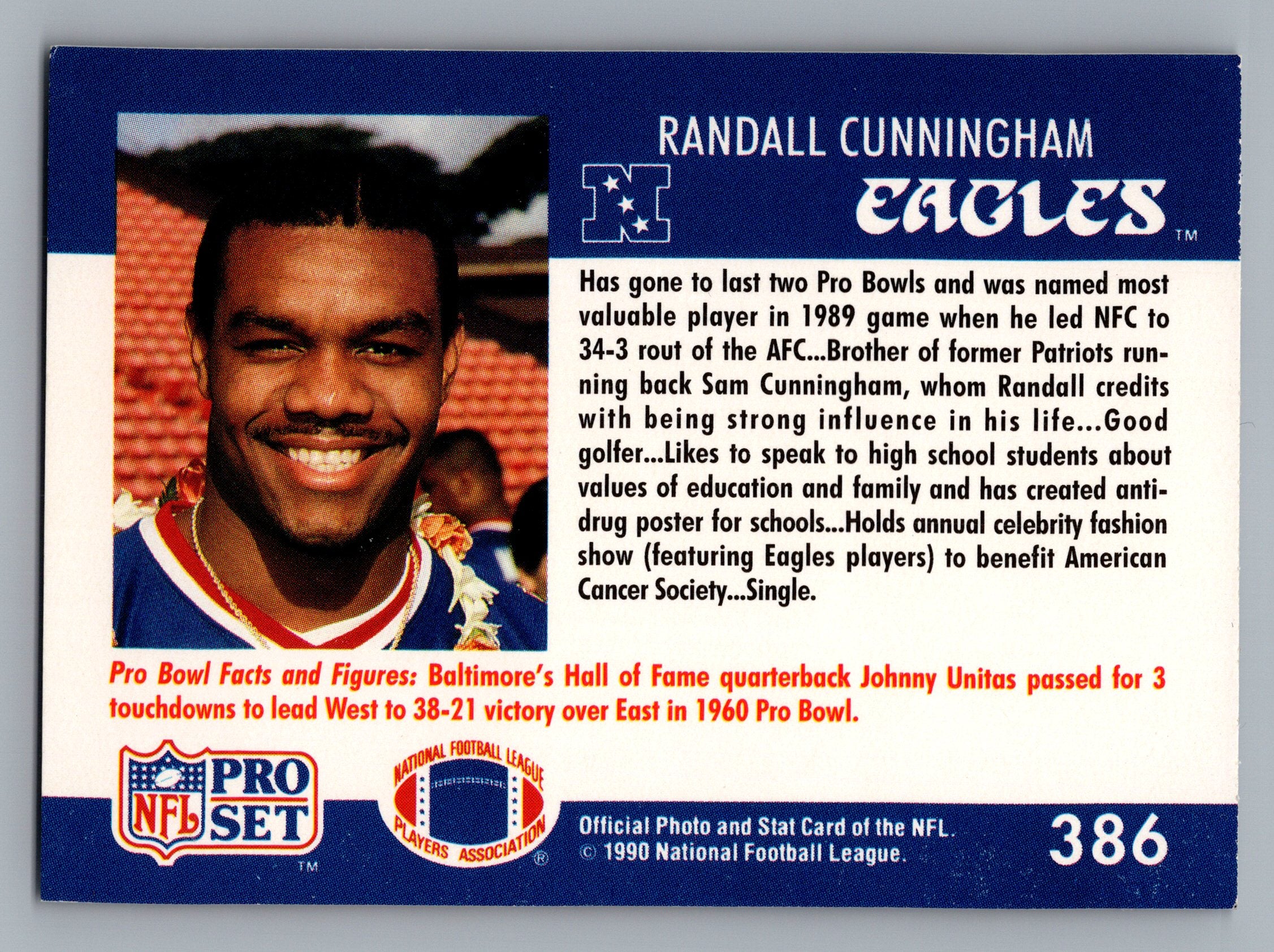 1990 Pro Set #386b Randall Cunningham Name in large print on front