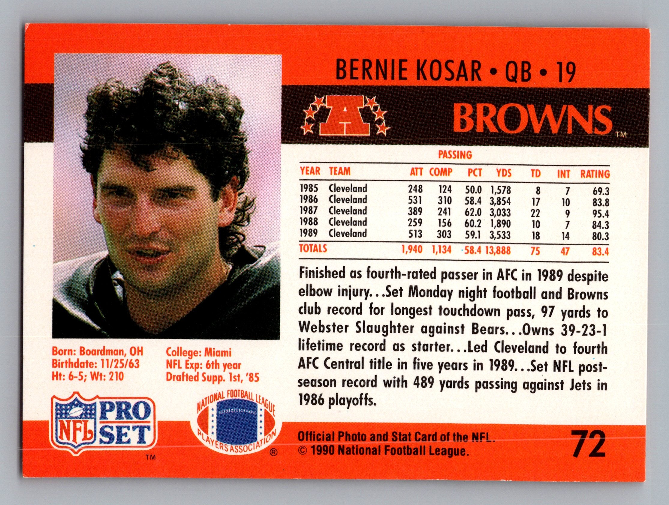 1990 Pro Set FACT Cincinnati #72 Bernie Kosar