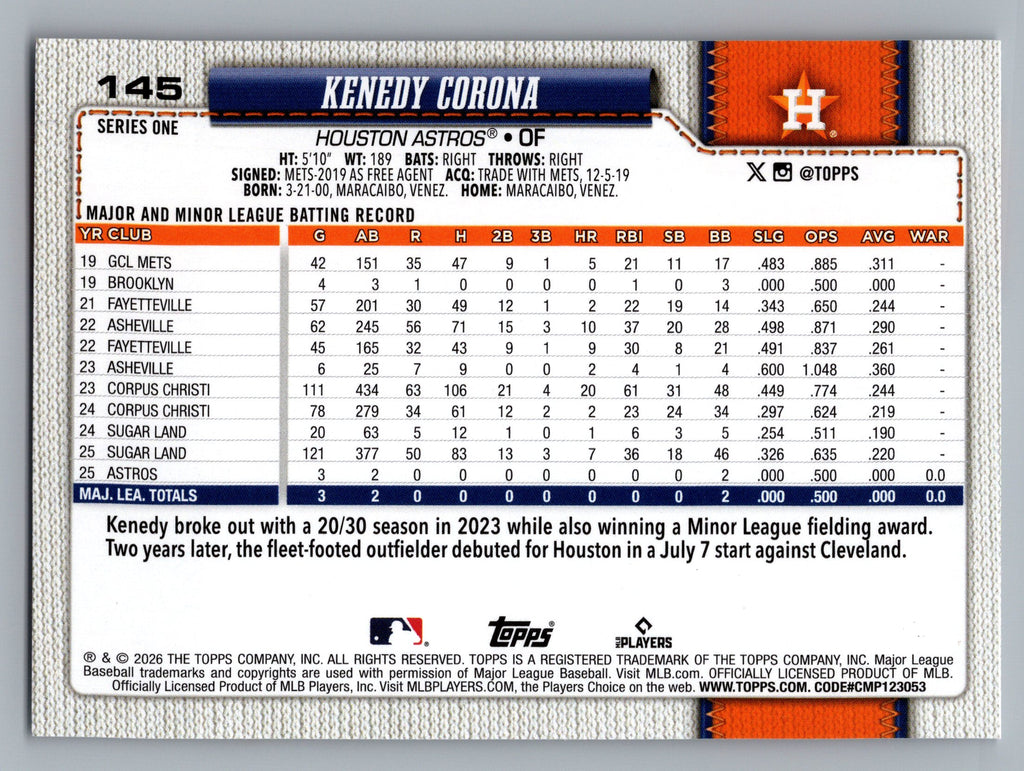 2026 Topps #145 Kenedy Corona