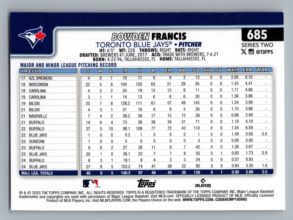 2025 Topps #685 Bowden Francis