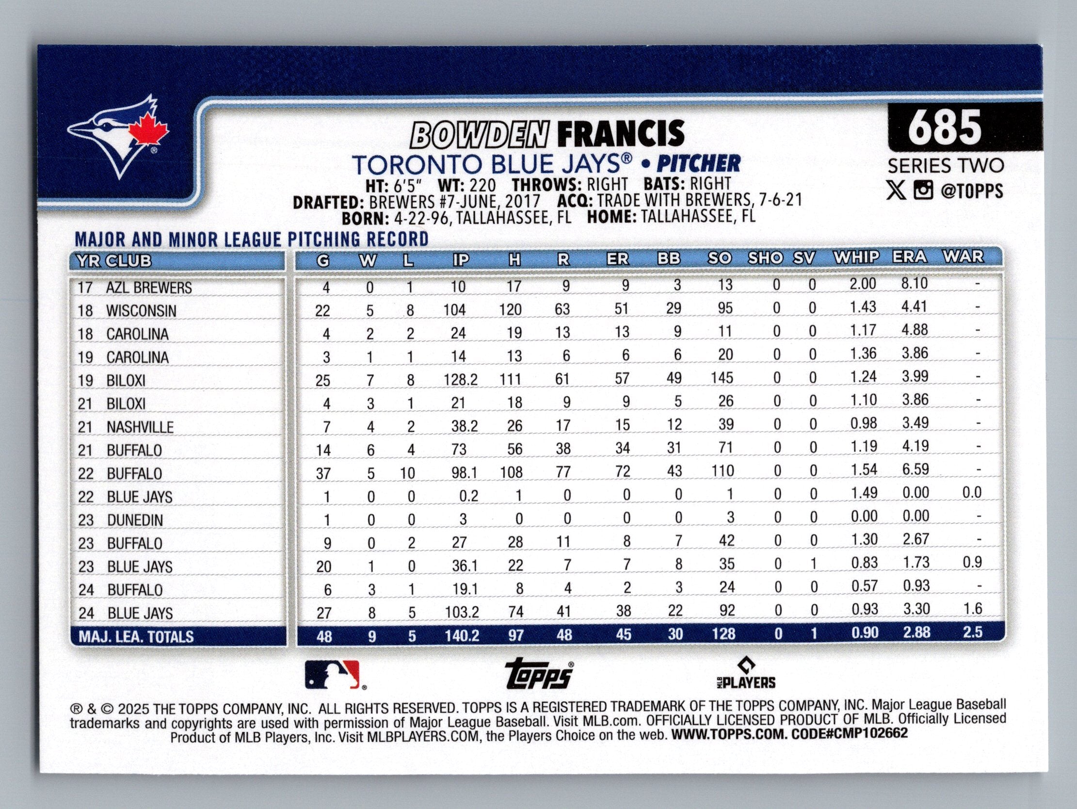 2025 Topps #685 Bowden Francis