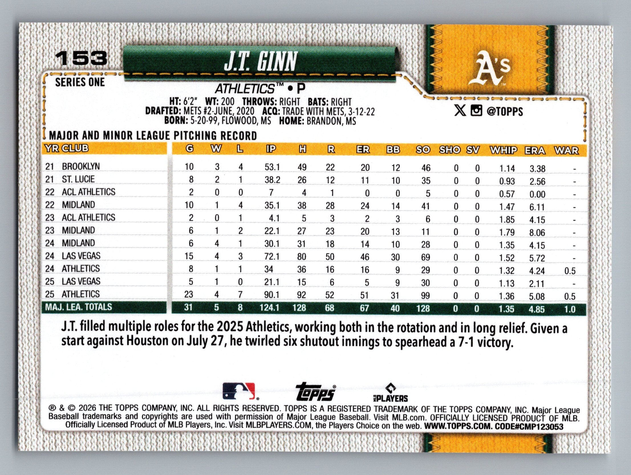 2026 Topps #153 J.T. Ginn