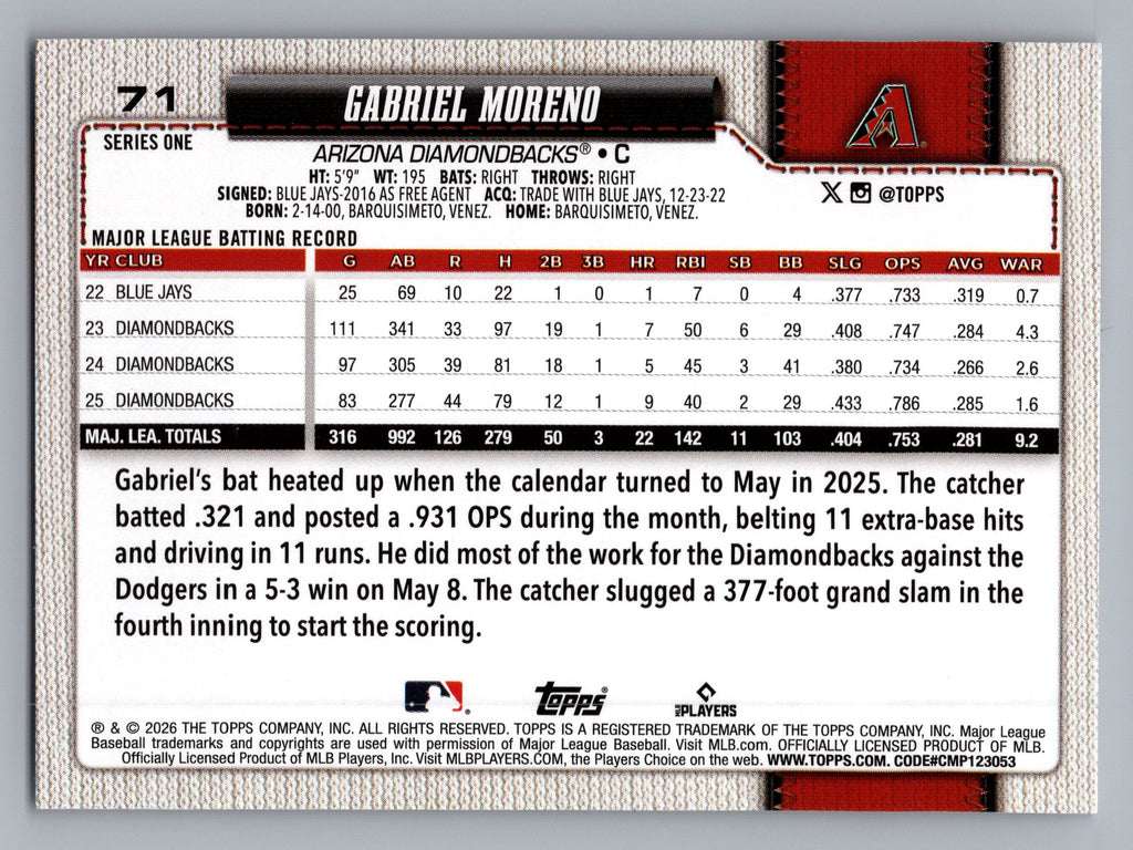 2026 Topps #71 Gabriel Moreno Rainbow Foil