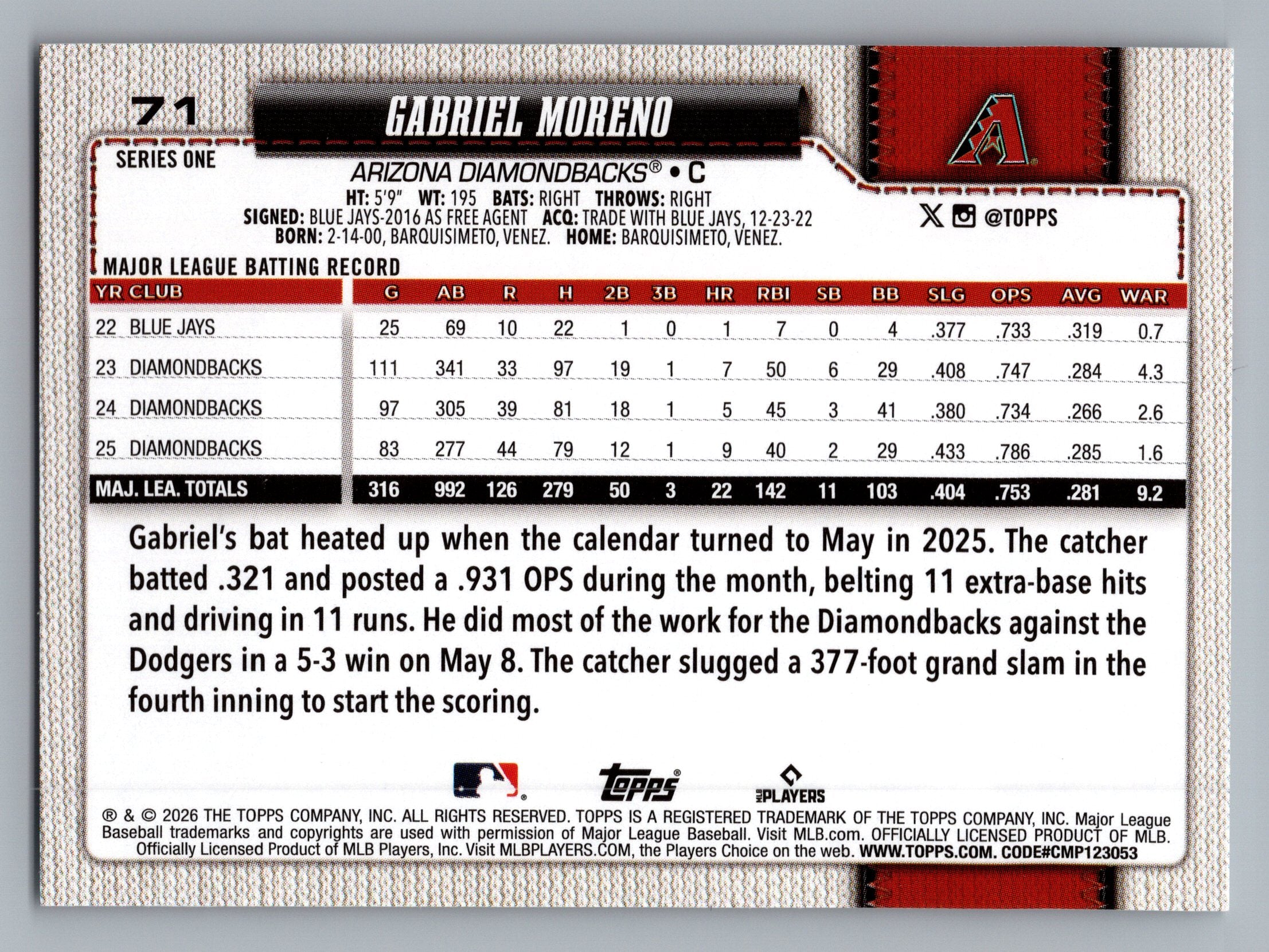 2026 Topps #71 Gabriel Moreno Rainbow Foil