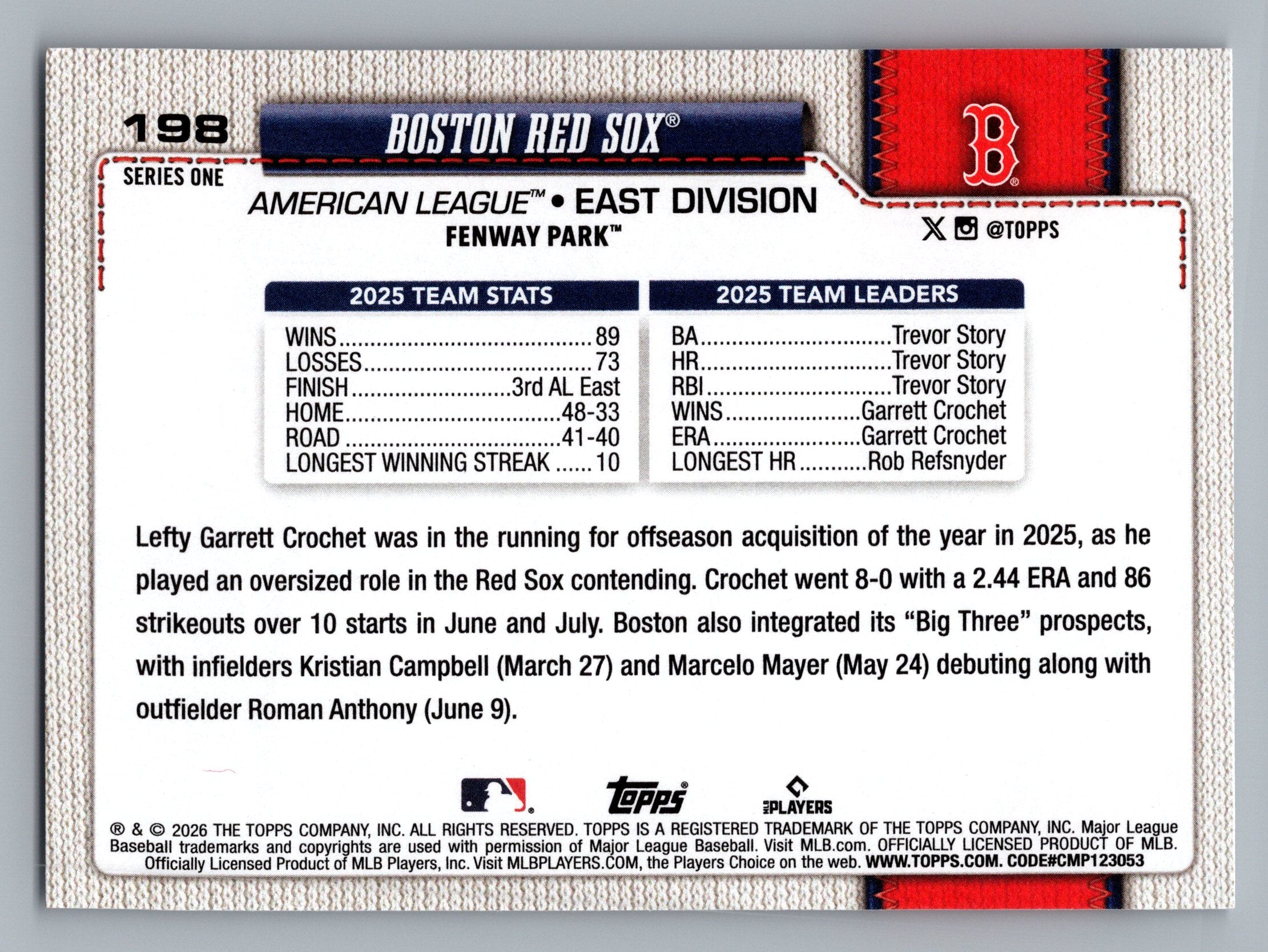 2026 Topps #198 Boston Red Sox