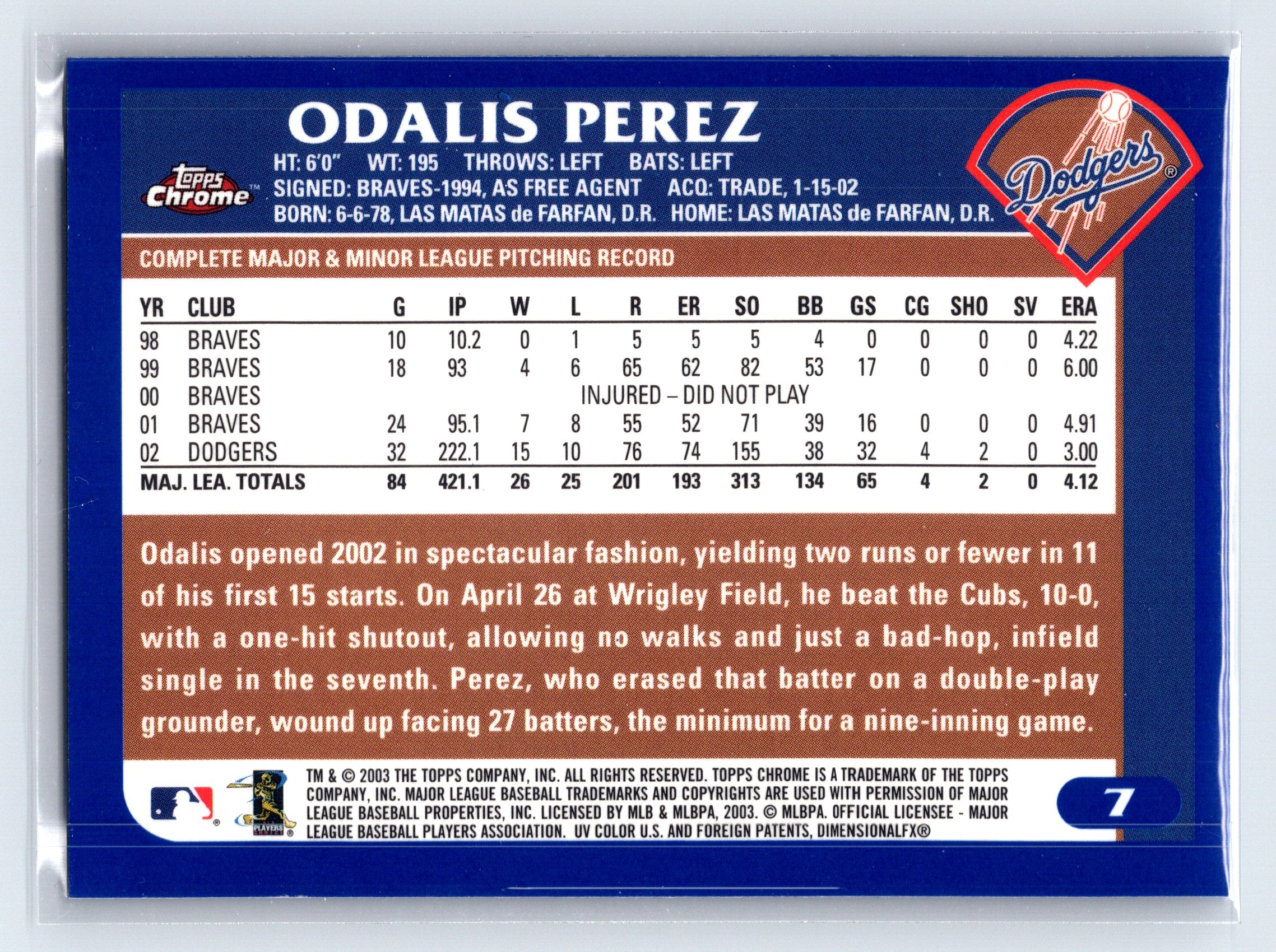 2003 Topps Chrome #7 Odalis Perez