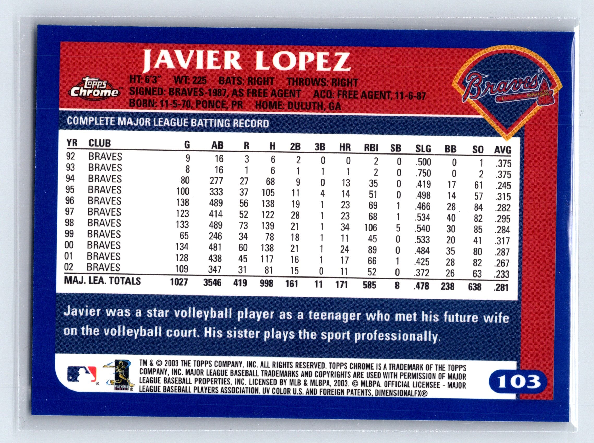 2003 Topps Chrome #103 Javier Lopez