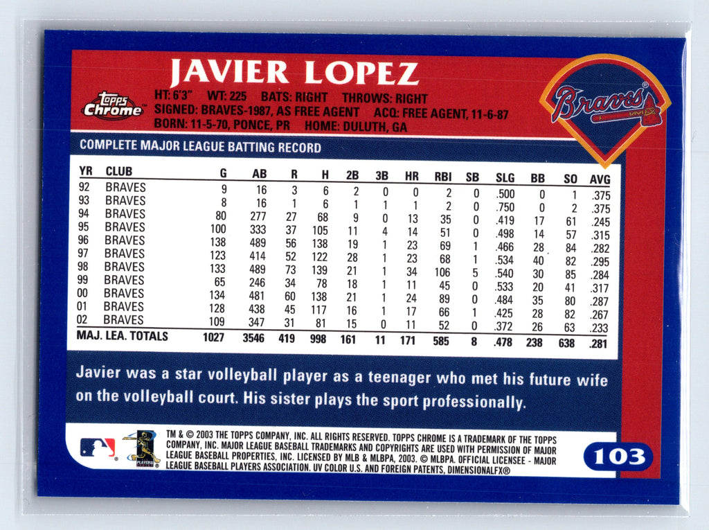 2003 Topps Chrome #103 Javier Lopez