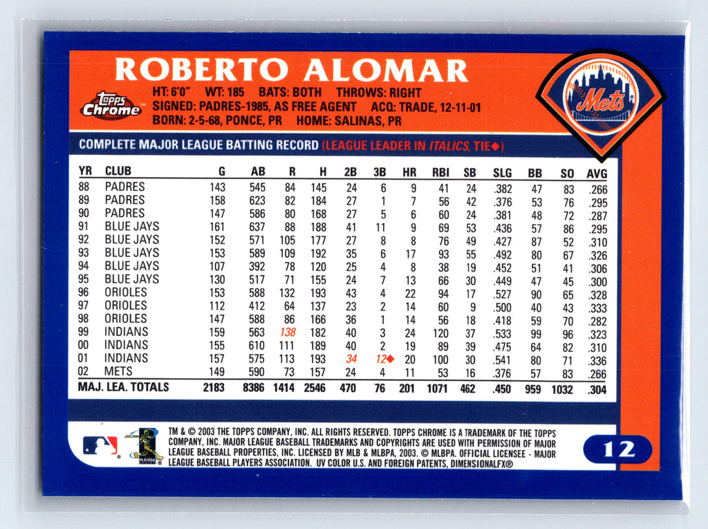 2003 Topps Chrome #12 Roberto Alomar
