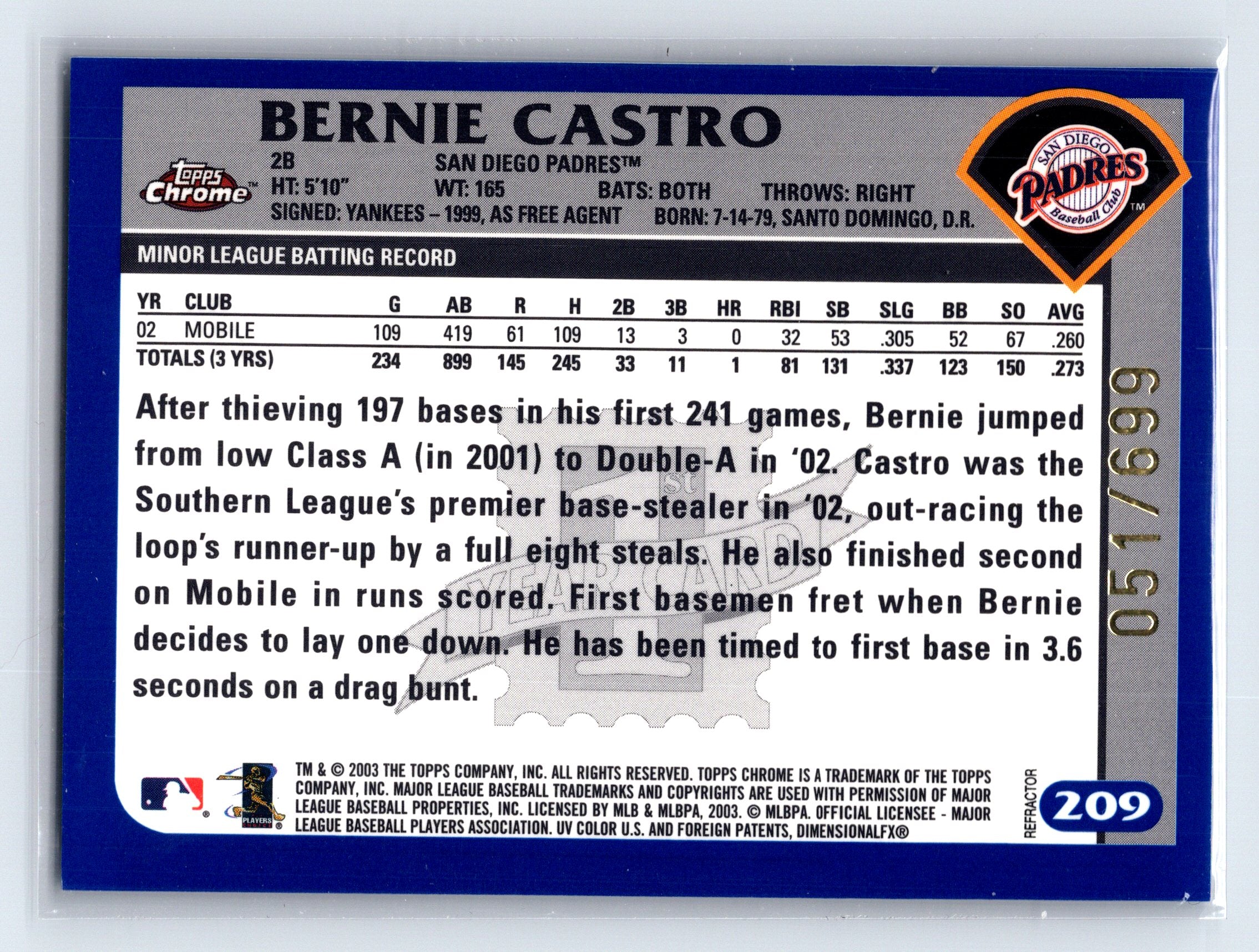 2003 Topps Chrome #209 Bernie Castro Gold Refractors #/449