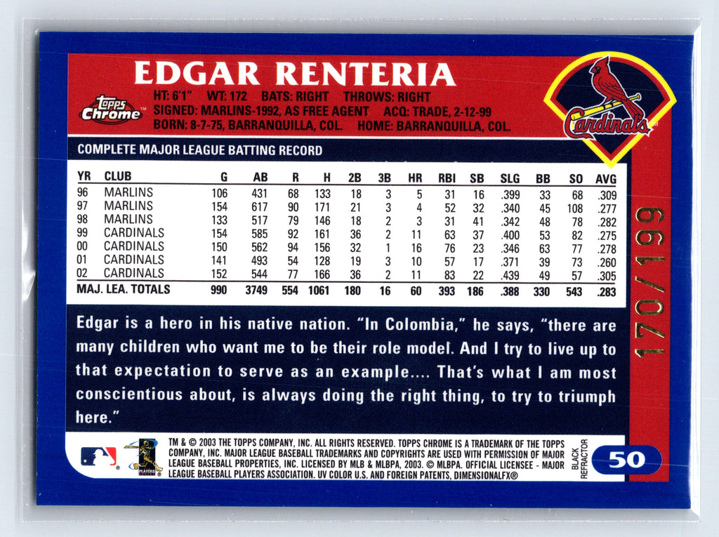 2003 Topps Chrome #50 Edgar Renteria Black Refractors #/199