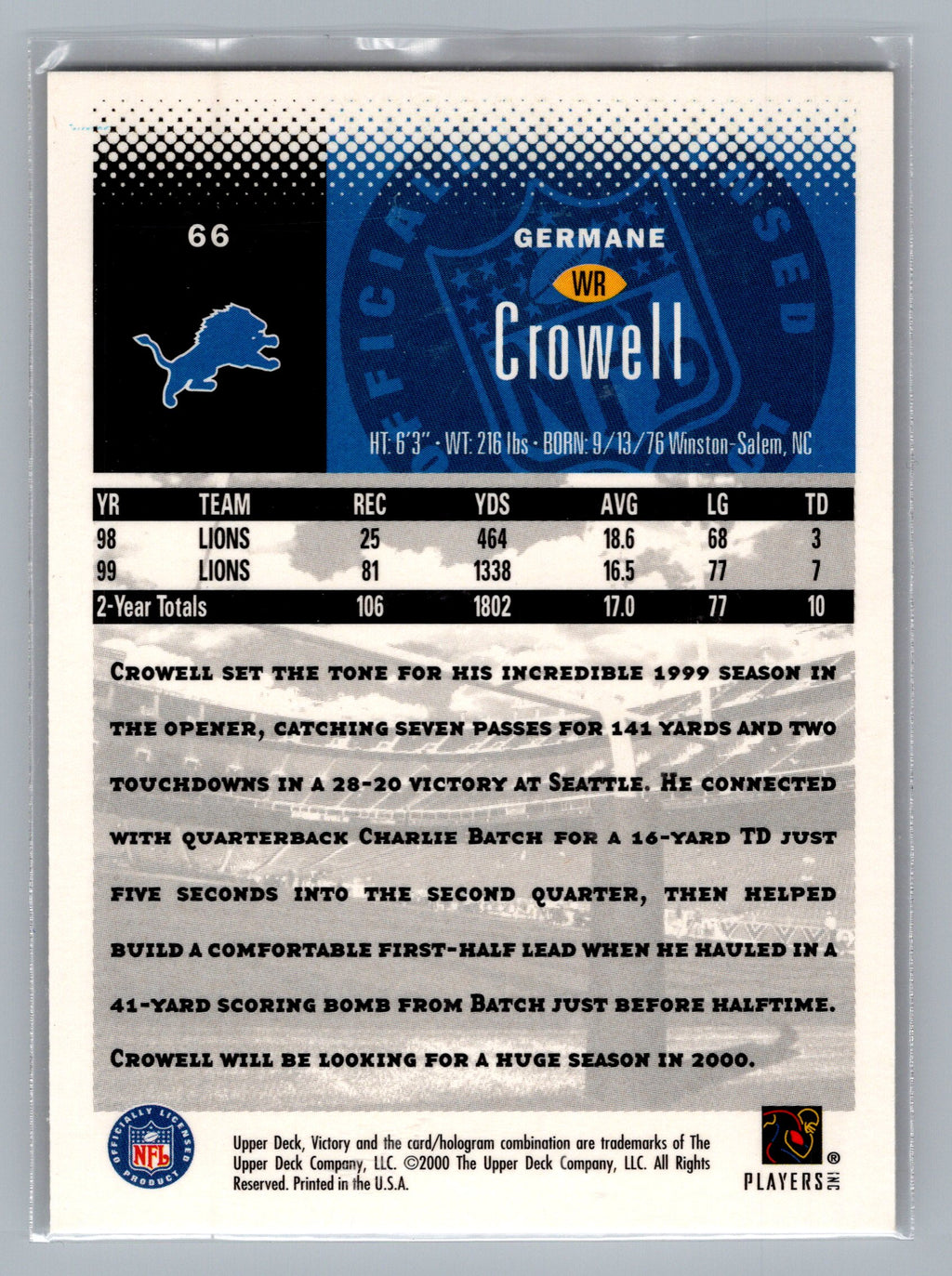2000 Upper Deck Victory #66 Germane Crowell