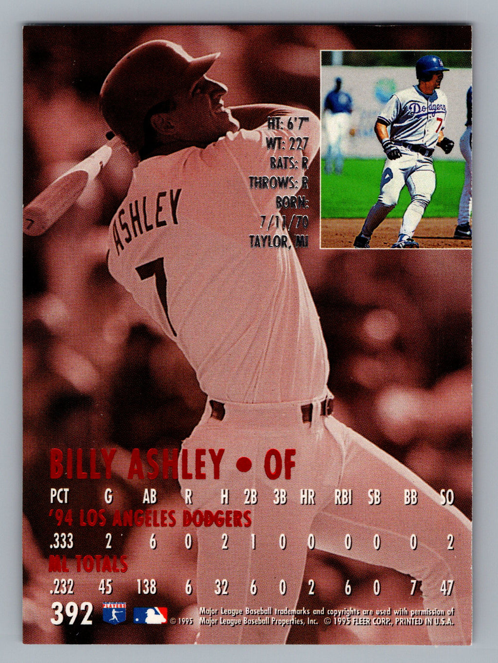 1995 Ultra #392 Billy Ashley Gold Medallion