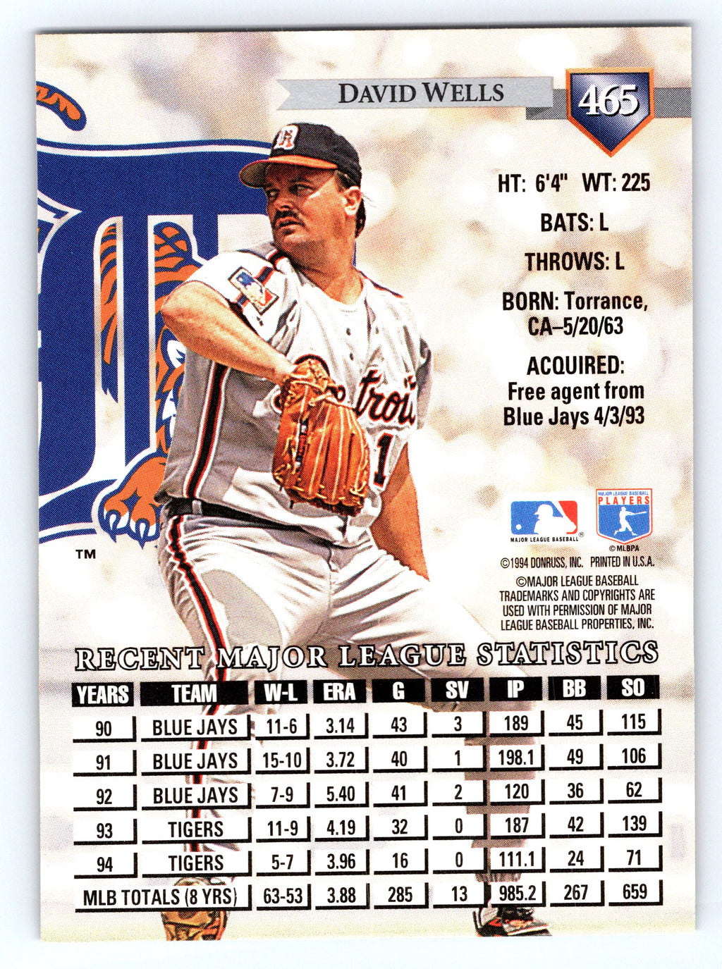 1995 Donruss #465 David Wells
