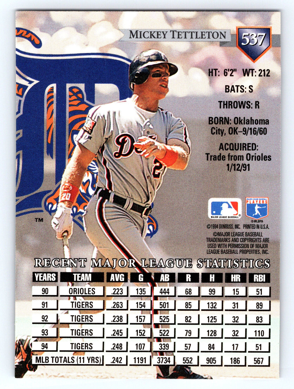 1995 Donruss #537 Mickey Tettleton