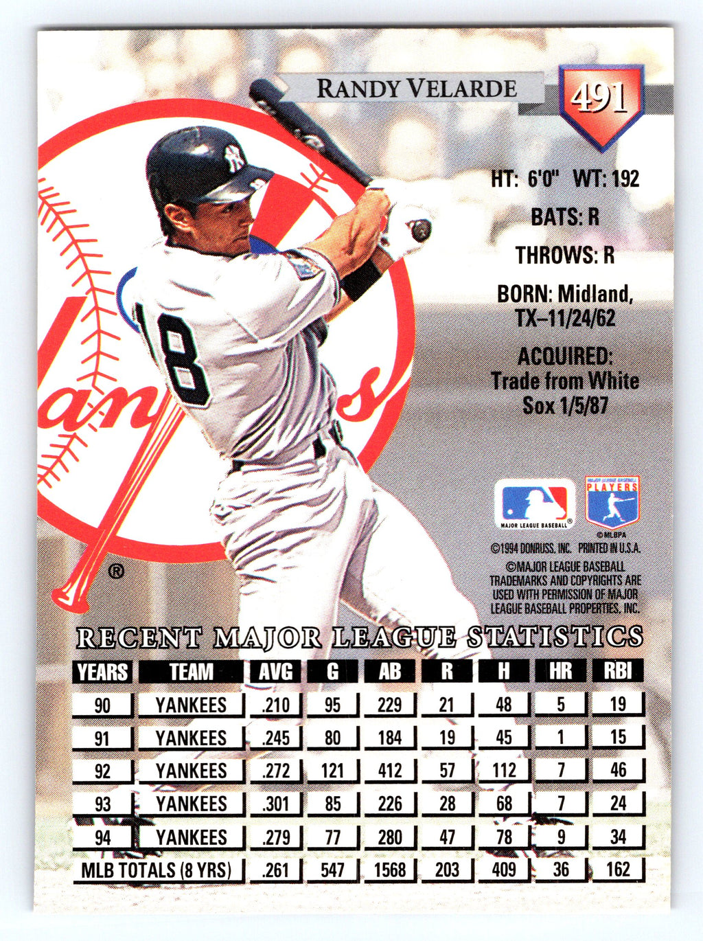 1995 Donruss #491 Randy Velarde