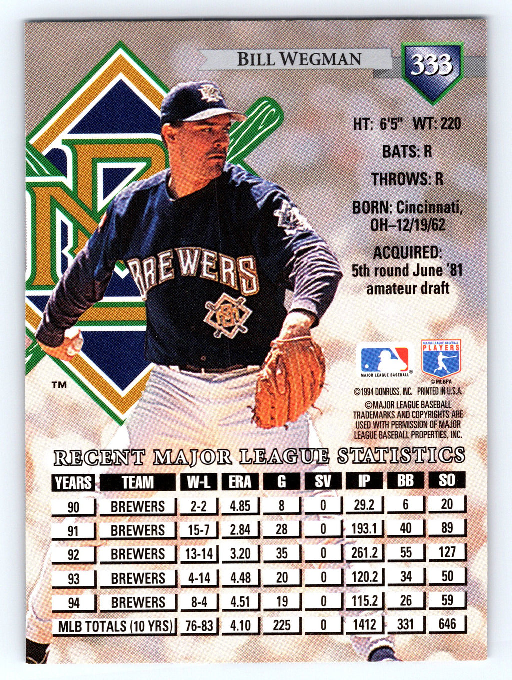 1995 Donruss #333 Bill Wegman