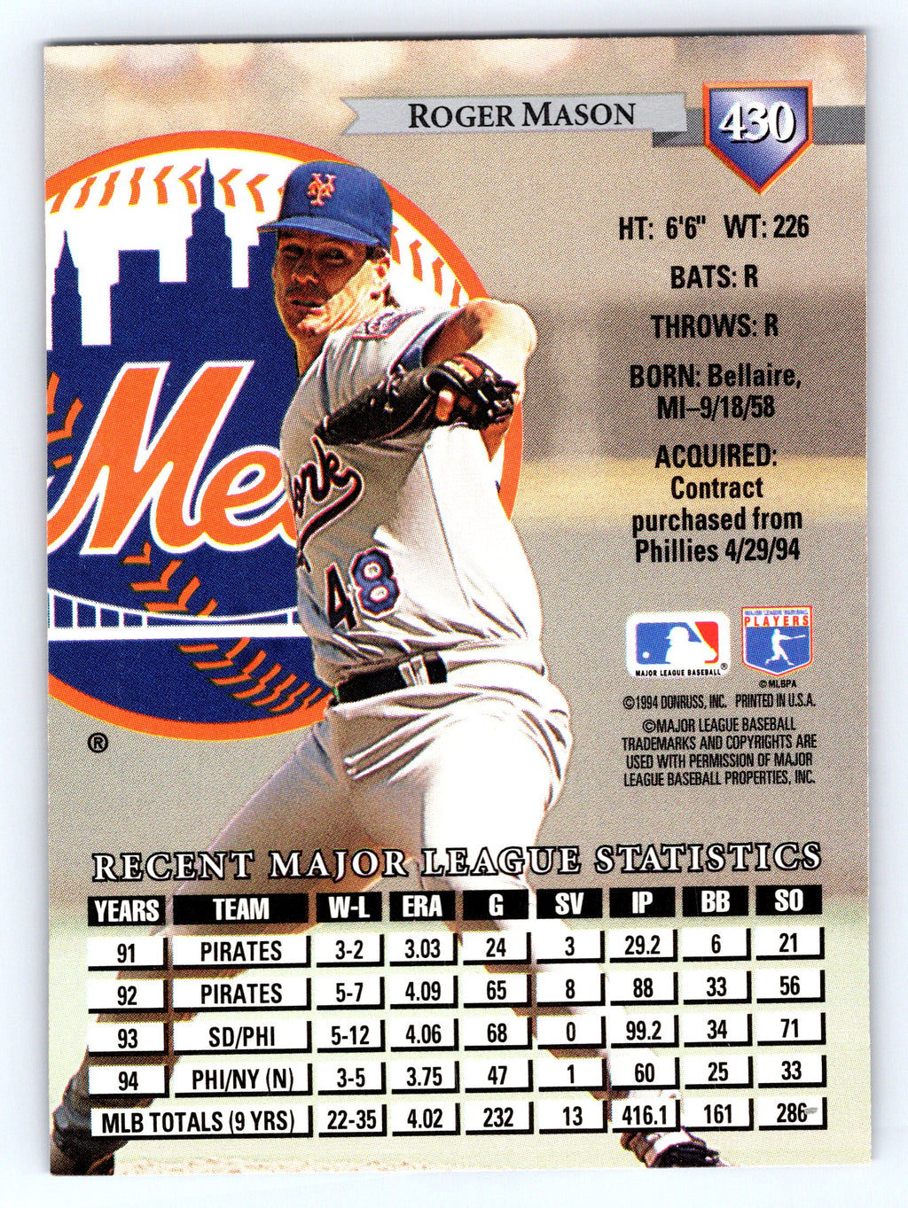 1995 Donruss #430 Roger Mason