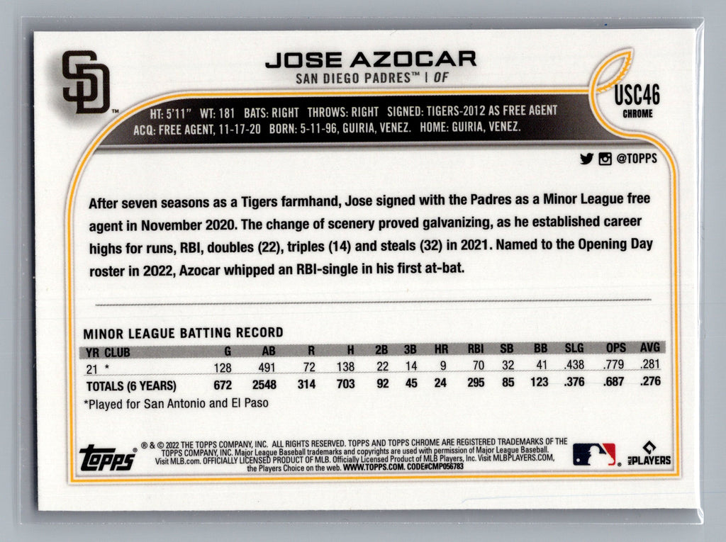 2022 Topps Chrome Update #USC46 Jose Azocar Purple Refractor