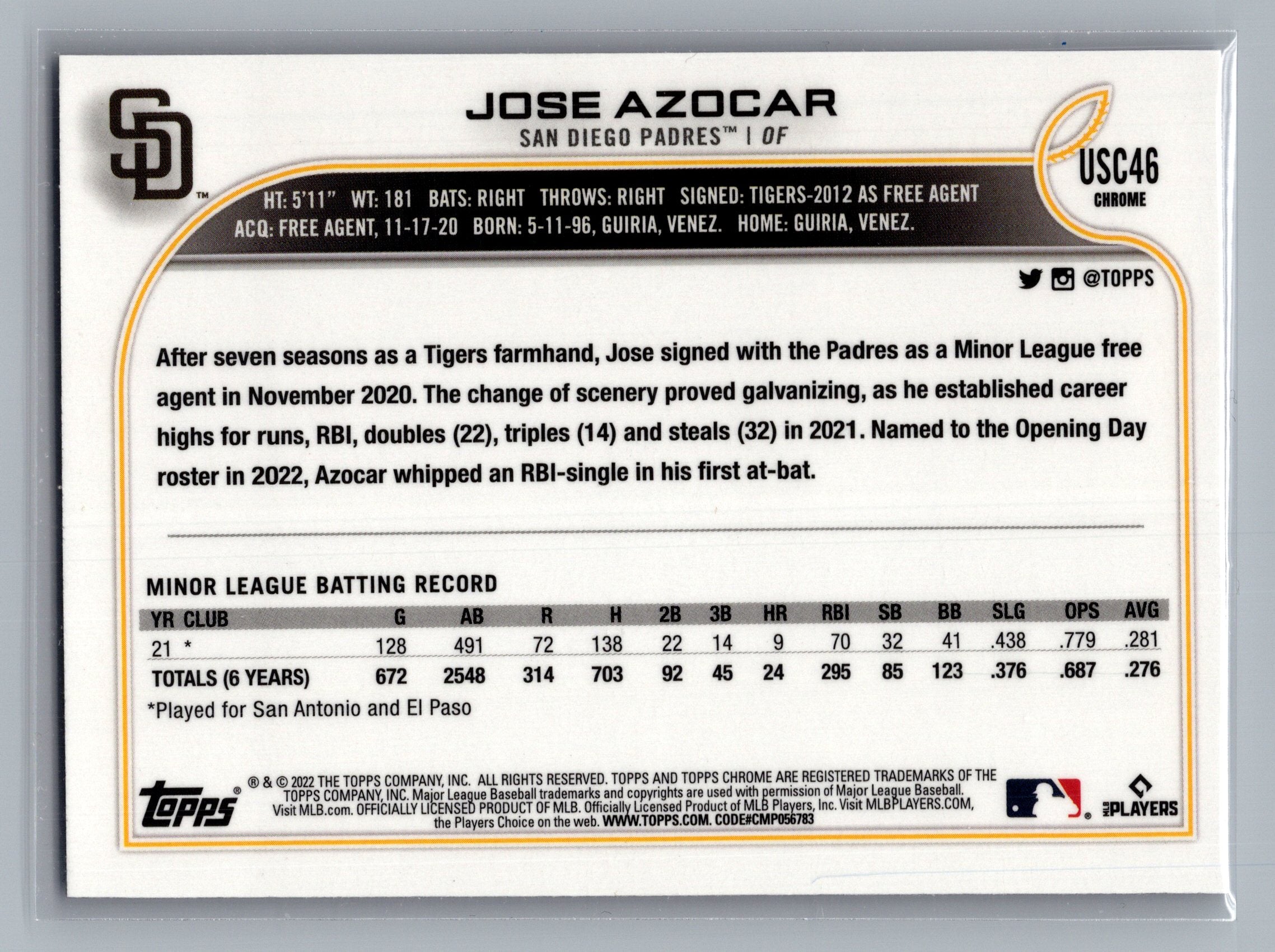2022 Topps Chrome Update #USC46 Jose Azocar Purple Refractor