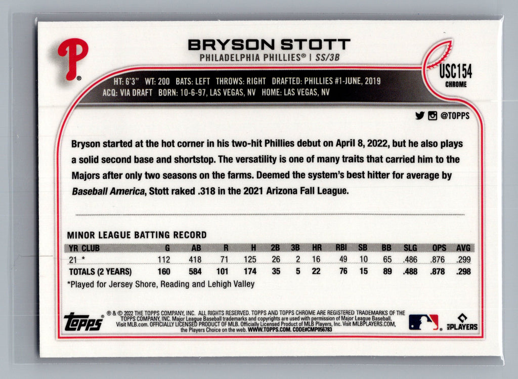 2022 Topps Chrome Update #USC154 Bryson Stott Purple Refractor