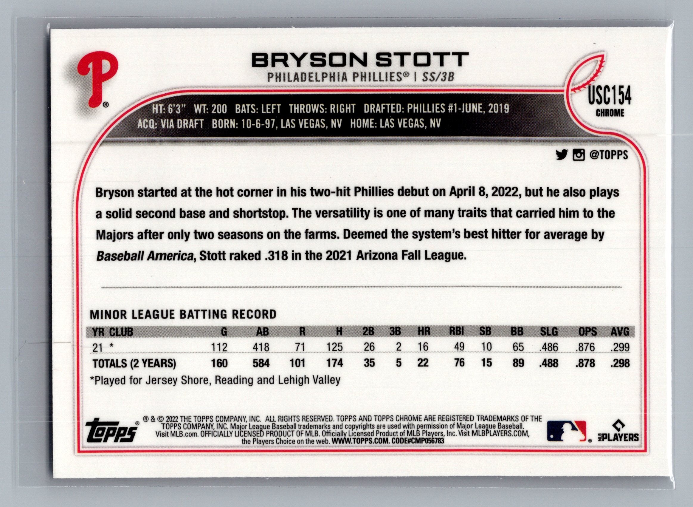 2022 Topps Chrome Update #USC154 Bryson Stott Purple Refractor