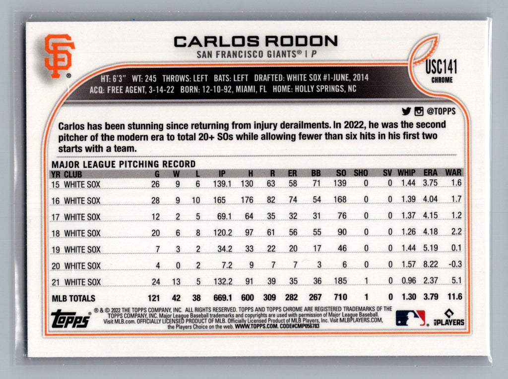 2022 Topps Chrome Update #USC141 Carlos Rodon Purple Refractor