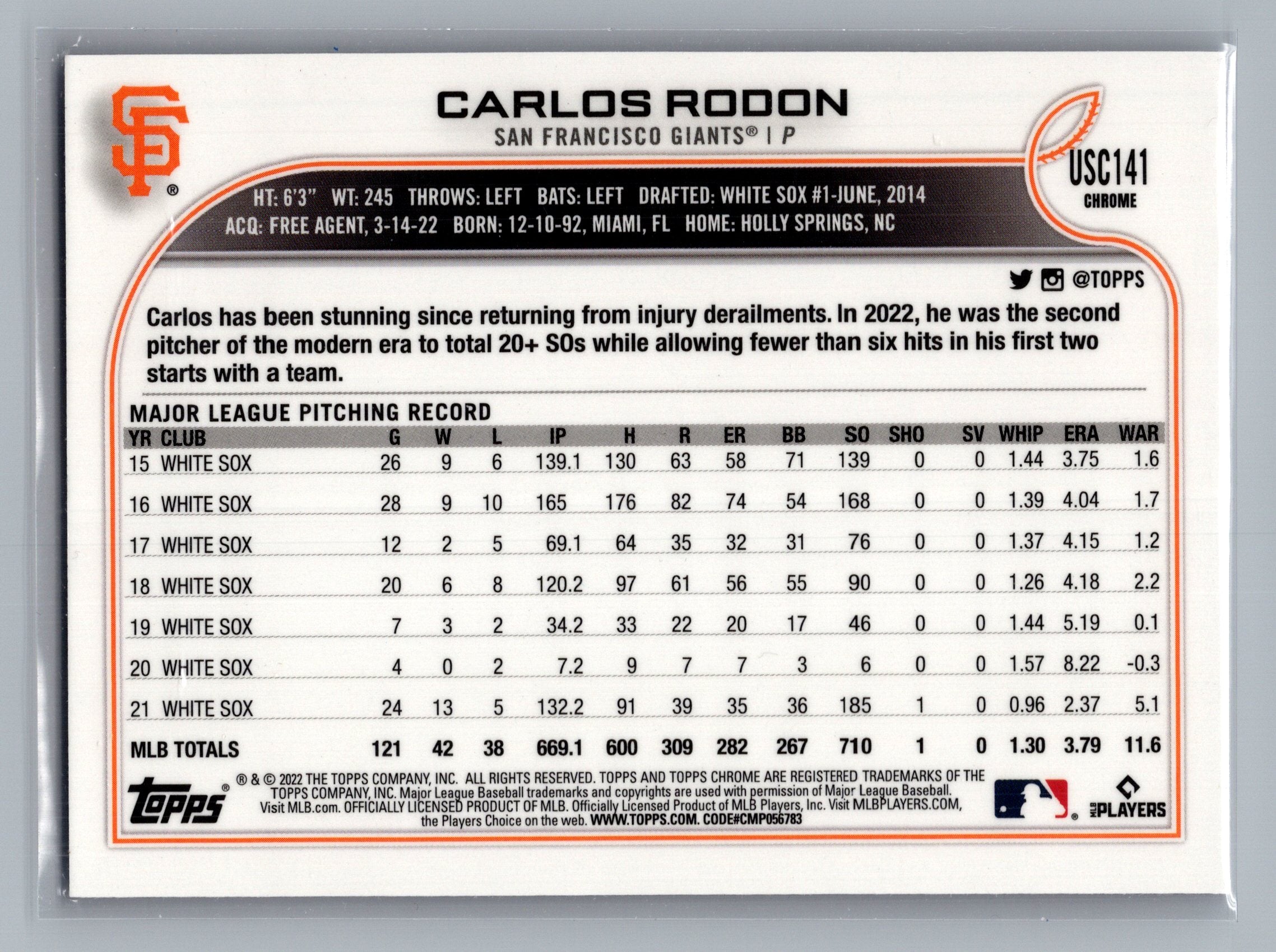 2022 Topps Chrome Update #USC141 Carlos Rodon Purple Refractor