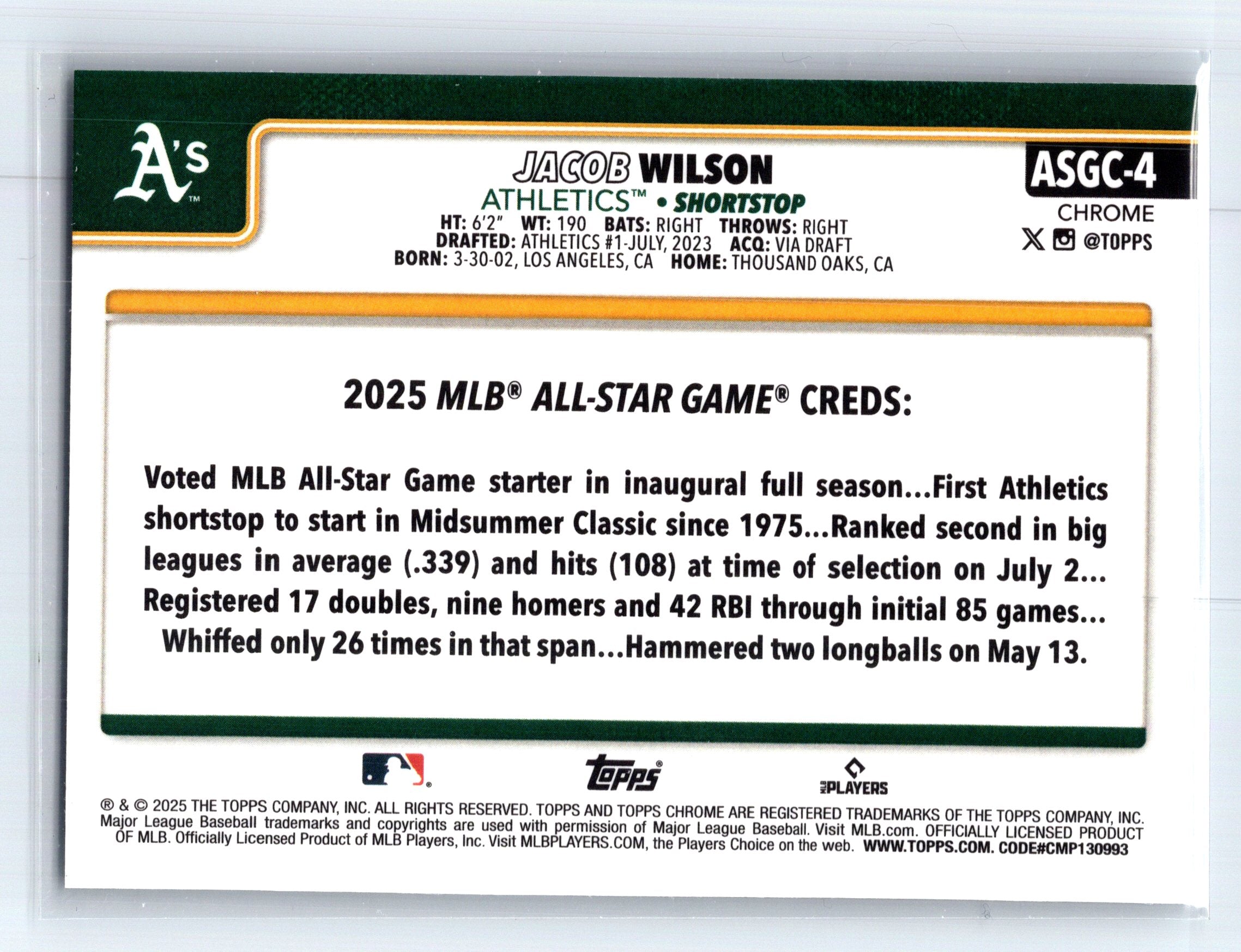 2025 Topps Chrome Update #ASGC-4 Jacob Wilson 2025 All-Star Game