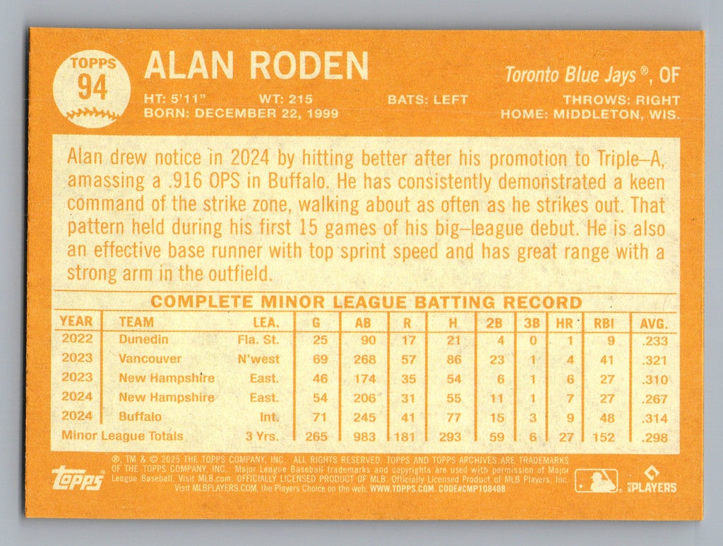 2025 Topps Archives #94 Alan Roden