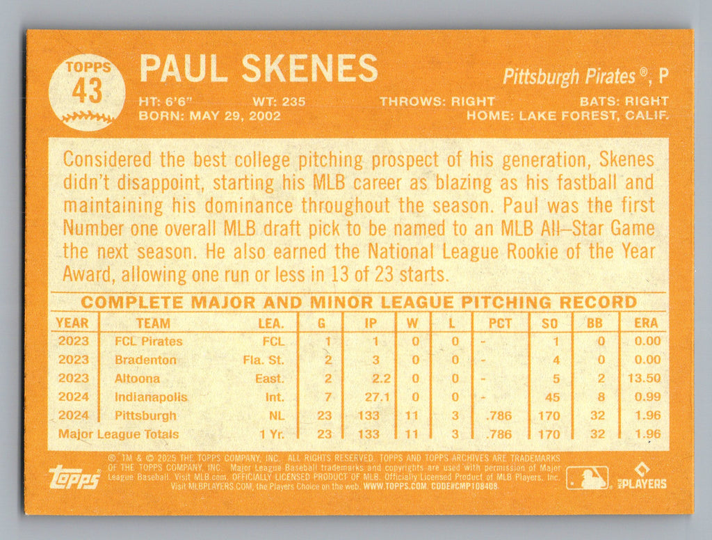 2025 Topps Archives #43 Paul Skenes