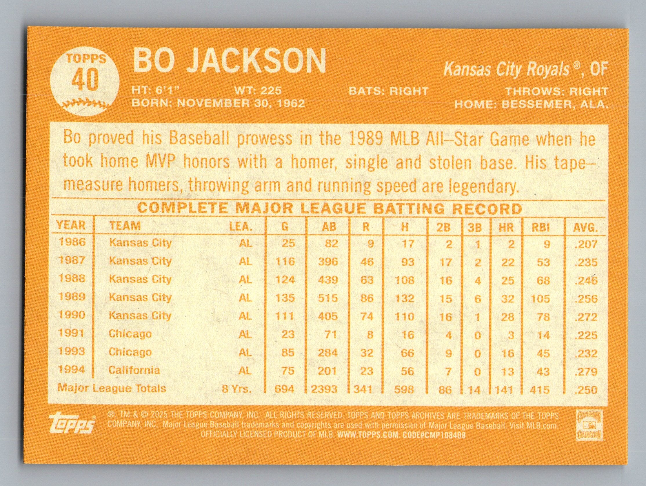 2025 Topps Archives #40 Bo Jackson